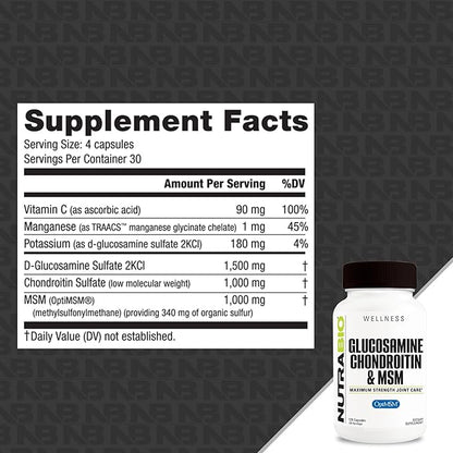 NutraBio Glucosamine Chondroitin & OptiMSM Supplement, 120 Capsules (120 Count)