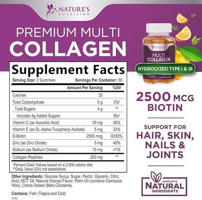 Collagen Gummies with 2500mcg Biotin, Vitamin 1 & 3 Collagen 60 Count