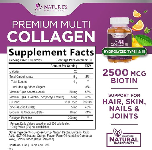 Collagen Gummies with 2500mcg Biotin, Vitamin 1 & 3 Collagen 60 Count