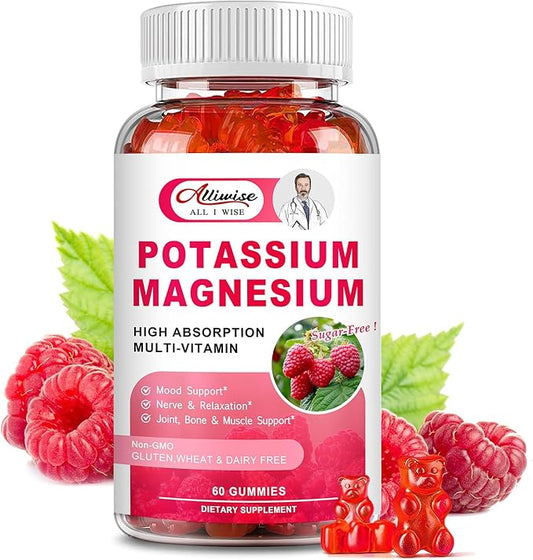 Potassium Magnesium Supplement Gummies with Potassium Citrate 200mg + Magnesium Glycinate 500mg for Bone & Muscle Relaxation,Mood & Energy Support.High Absorption Vitamin B6, D3, C.Raspberry Flavor