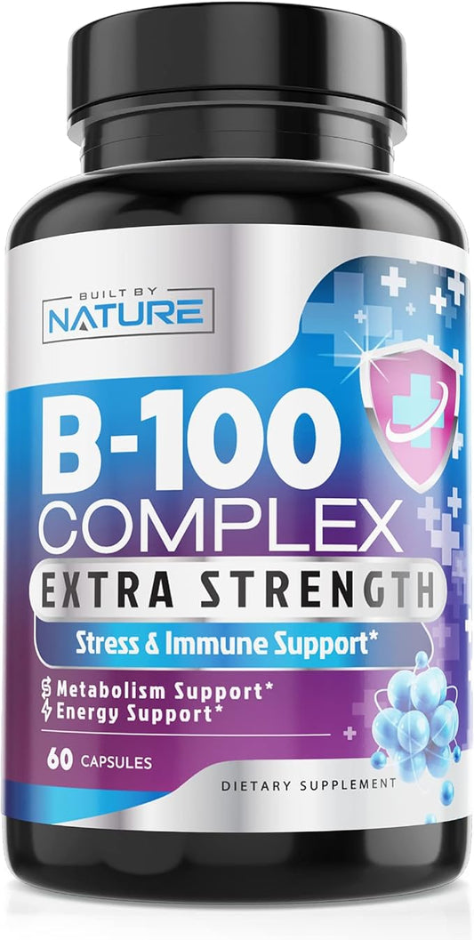 Vitamin B Complex B1, B2, B2, B3, B3, B5, B5, B6, B6, B7, B7, B9, B9, B12, B12, Folic B-100 Supplement 60 Capsules