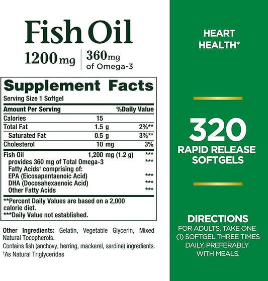 Nature's Bounty Fish Oil, Dietary Supplement, 3, Supports 1200mg, Rapid 320 Ct