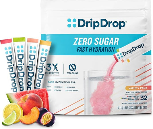 DripDrop Hydration - Zero Sugar Classic Variety Pack - Electrolyte Drink Mix Powder Packets - Lemon Lime, Watermelon, Peach, Passion Fruit | Non-GMO, Gluten Free, Vegan | 32 Sticks