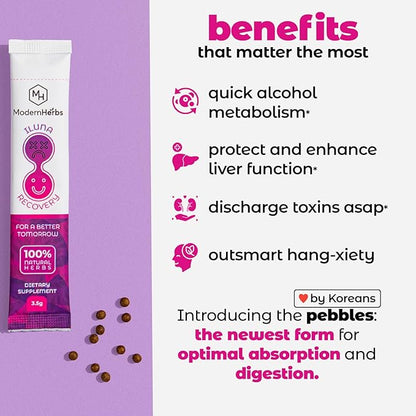 ILUNA Recovery All-Natural Hangover Relief with Milk Thistle & Premium Korean Herbs - Morning After Recovery Alcohol Aid with Cleanse, Detox & Liver Support - Max Strength Pebbles (4)