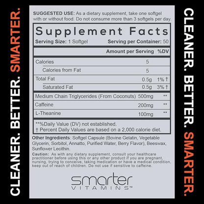 200mg Caffeine Pills - MCT Oil from 100% Coconuts + 100mg L-Theanine, Advanced Energy, Clean Focus and Perfect Clarity + All Natural Smooth Extended Release