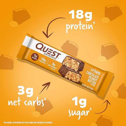 Quest Nutrition Crispy Chocolate Peanut Butter Hero Protein Bar, 18g Protein, 1g Sugar, 3g Net Carb, Gluten Free Protein Snack, Keto Friendly, 4 Count
