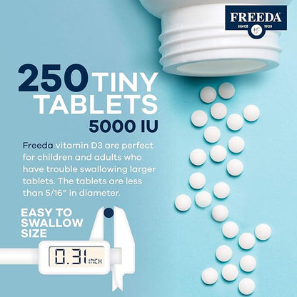 FREEDA Vitamin D3-5000 IU - Pure High Potency Kosher Supplement Tablets - Bone and Muscle Health, Calcium Absorption, Immune Support for Men and Women* - 250 Count