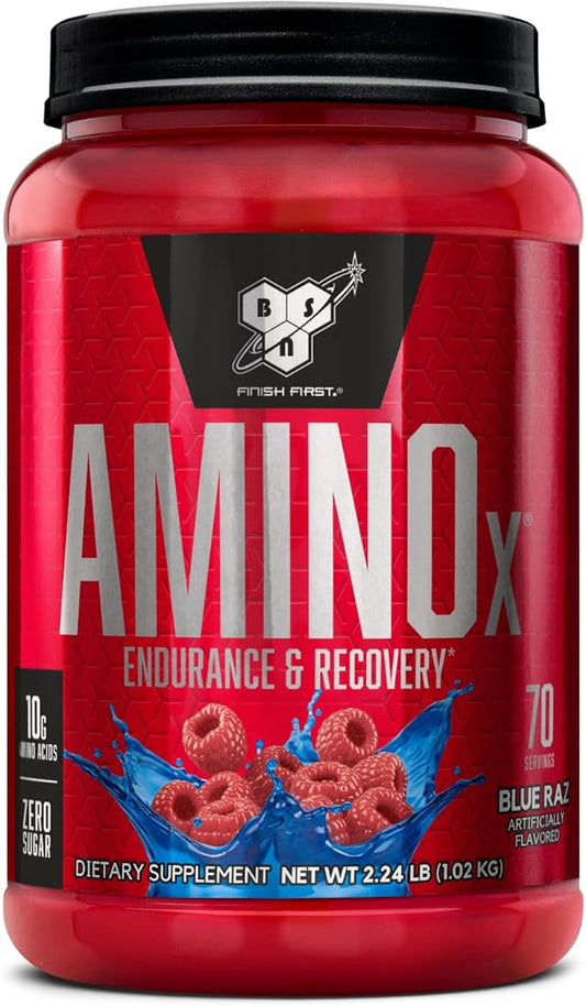 BSN Amino X Muscle Recovery & Endurance Powder with BCAAs, Intra Workout Support, 10 Grams of Amino Acids, Keto Friendly, Caffeine Free, Flavor: Blue Raz, 70 Servings (Packaging May Vary)