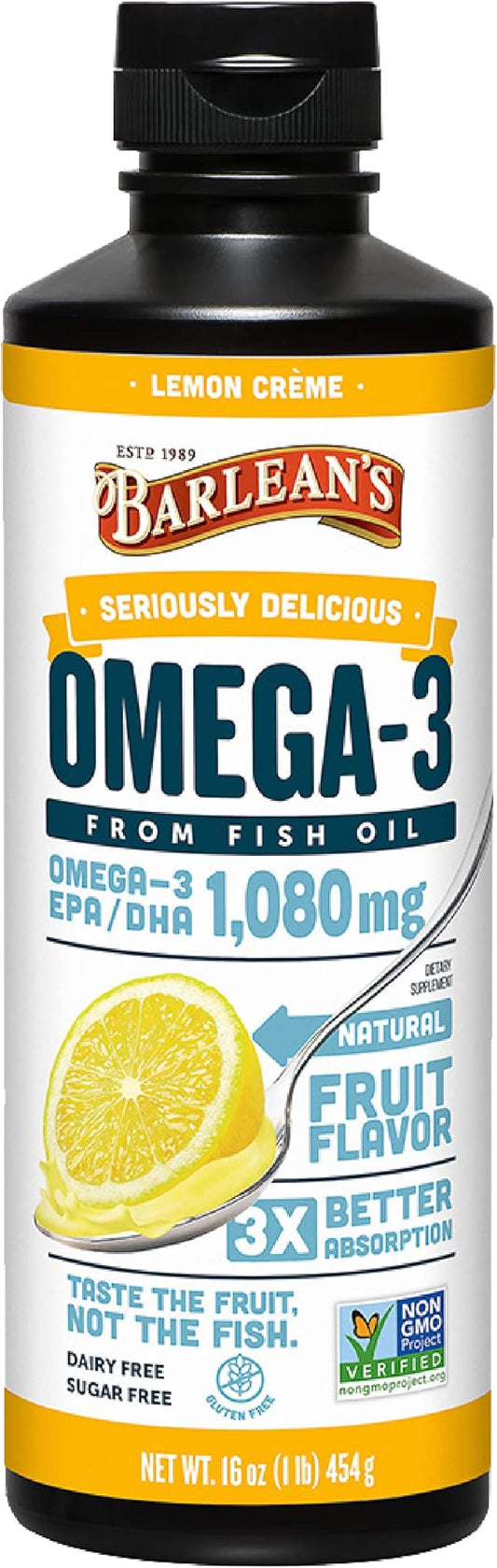 Barlean's Lemon Crème Omega 3 Fish 1080mg of 3 EPA 16 oz