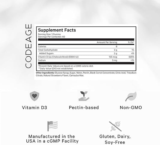 Codeage Vitamin D3 Gummy Vitamins, Vitamin D3 5000 5000 IU 125 mcg, 60 Count