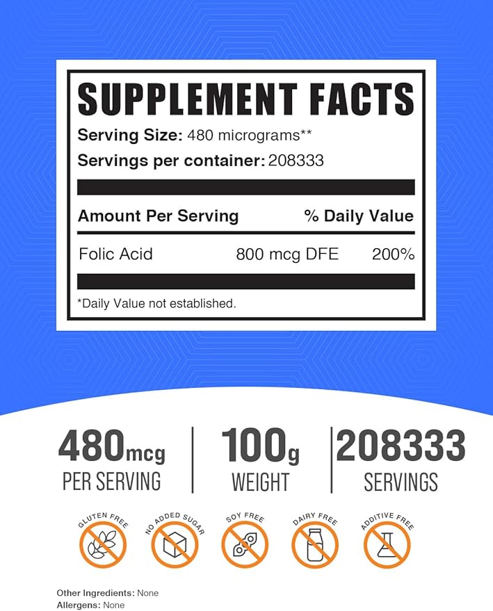 BulkSupplements.com Folic Acid Powder - Vitamin B9, Folic Acid Supplement - Folic Acid Prenatal Vitamins, Folic Acid 800 mcg - Gluten Free, 480mcg per Serving, 100g (3.5 oz) (Pack of 1)