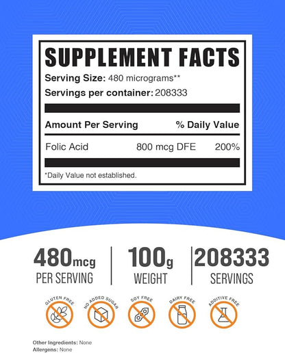 BulkSupplements.com Folic Acid Powder - Vitamin B9, Folic Acid Supplement - Folic Acid Prenatal Vitamins, Folic Acid 800 mcg - Gluten Free, 480mcg per Serving, 100g (3.5 oz) (Pack of 1)