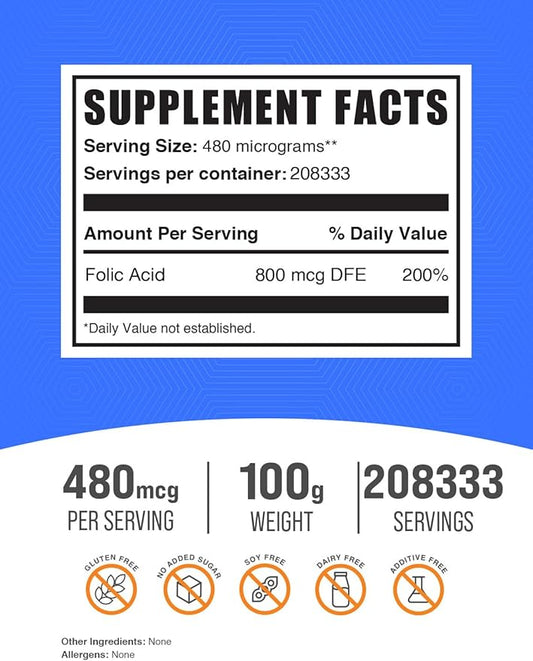 BulkSupplements.com Folic Acid Powder - Vitamin B9, Folic Acid Supplement - Folic Acid Prenatal Vitamins, Folic Acid 800 mcg - Gluten Free, 480mcg per Serving, 100g (3.5 oz) (Pack of 1)
