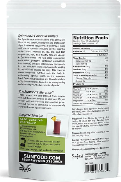 Sunfood Chlorella Spirulina Tablets - Spirulina and Chlorella Capsules, Chlorella Powder Pills, Green Algae Supplement Rich in Chlorophyll, Broken Cell Wall, Vegan - 4 oz Bag