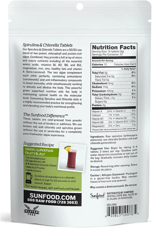 Sunfood Chlorella Spirulina Tablets - Spirulina and Chlorella Capsules, Chlorella Powder Pills, Green Algae Supplement Rich in Chlorophyll, Broken Cell Wall, Vegan - 4 oz Bag