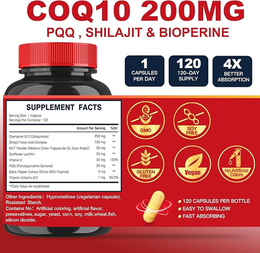 CoQ10 200mg with PQQ & Shilajit Q10 Supplements 120 Veggie