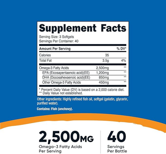 Nutricost Omega 3 Fish Oil 2500MG, 120 120 Softgels (40 Serv) 1200mg EPA 850mg DHA