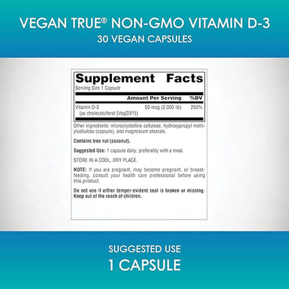 Source Naturals Vegan True, Non-GMO Vitamin D-3, Dietary Supplement for Immune and Bone Health*, 2,000 IU - 30 Capsules