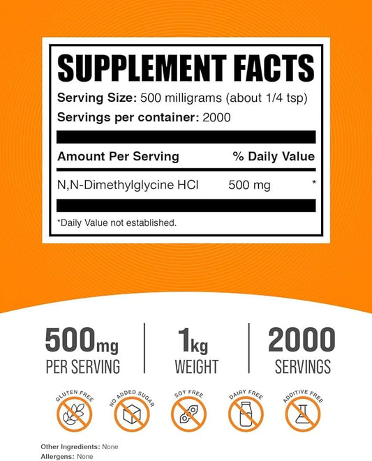 BulkSupplements.com DMG HCl Powder - N,N-Dimethylglycine HCl, DMG Supplements, DMG 500mg, DMG Dimethylglycine Powder - Gluten Free, 500mg per Serving, 1kg (2.2 lbs) (Pack of 1)