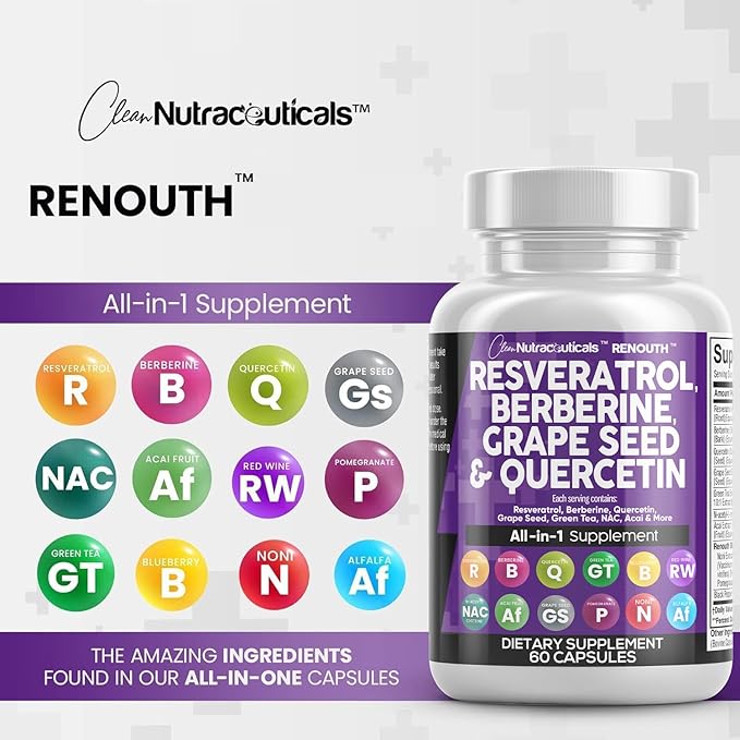 Resveratrol 6000mg Berberine 3000mg Grape Seed 3000mg Quercetin 4000mg Green 60 Capsules