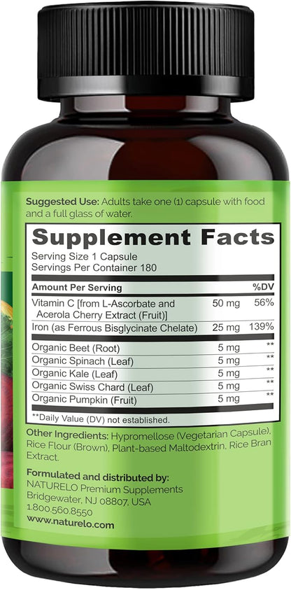 NATURELO Vegan Iron Supplement with Vitamin 180 Mini