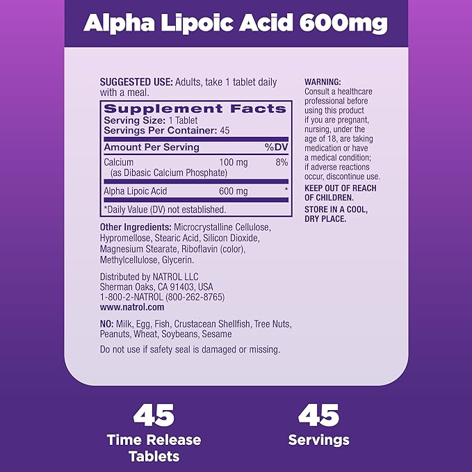 Natrol Alpha Lipoic Acid 600 mg, 45 Tablets, 45 Day