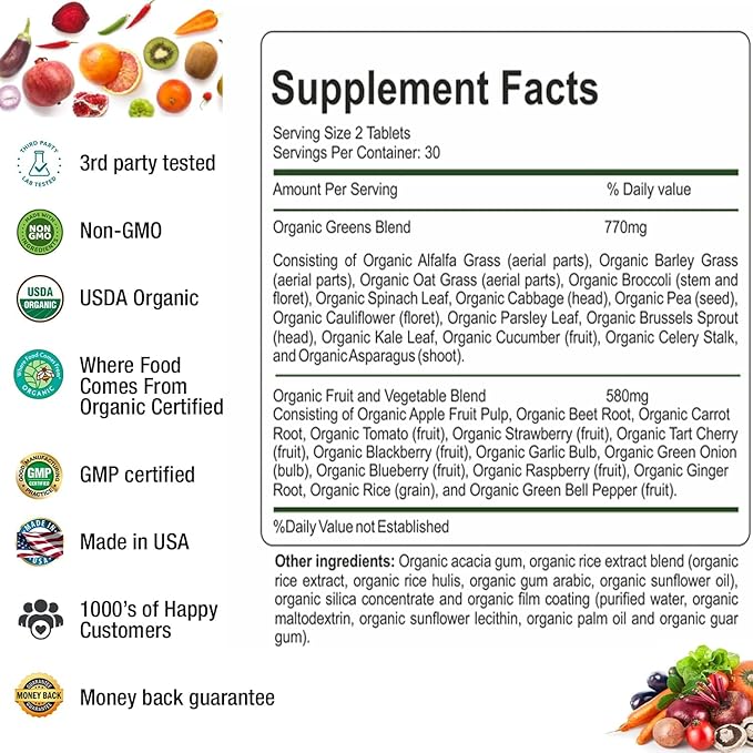 Organic Superfood Greens Fruits and Veggies Complex - Best Dietary Supplement with 14 Greens &14 Fruits & Vegetables with Alfalfa Rich in Antioxidants Organic Ingredients Non-GMO (120 Count Pack of 2)