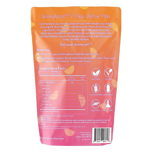 SkinnyBoost 28 Day Detox Tea Kit – Natural Cleansing & Bloating Support – 3 Pack - 28 Daytime Tea Bags & 14 Evening Tea Bags – Green Tea & Herbal Blend – Non-GMO, Vegan, Keto-Friendly, Sugar-Free