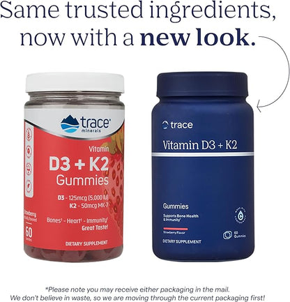 Trace Minerals | Vitamin D3 + K2 Gummies | 5,000 IU D3 + 50 mcg K2 | Vegan, Sugar Free, Gluten Free, Natural Strawberry Flavor | 60 Servings