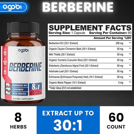 Berberine Supplement with Ceylon, Milk Thistle, 60 Counts 2 Months