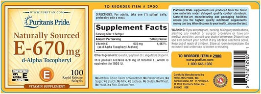Puritan's Pride Vitamin E-670 mg 100% Natural-100 Softgels(Package