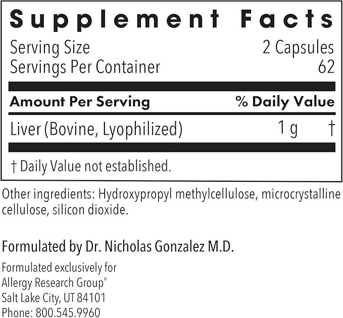 Allergy Research Group Beef Liver Supplement - Liver Function Support, Grass-fed Beef Liver Capsules 1000mg, Glandular Beef Liver Vitamins - 125 Count