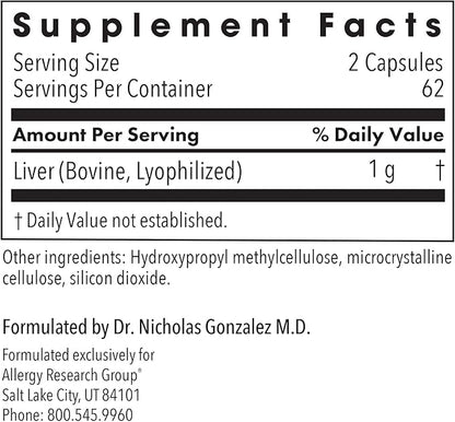 Allergy Research Group Beef Liver Supplement - Liver Function Support, Grass-fed Beef Liver Capsules 1000mg, Glandular Beef Liver Vitamins - 125 Count