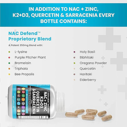 Clean Nutraceuticals NAC Supplement N-Acetyl Cysteine 1000mg Vitamin D3 K2 K2 Zinc 1000mg Sarracenia 1000mg with 60 Count