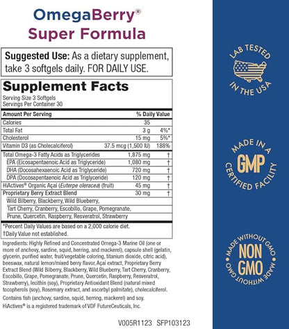 Purity Products OmegaBerry Fish Oil w/Vitamin D3 + 1875 mg Omega-3s 1080 1080 mg 720mg DHA 120 mg 90 Count