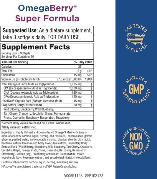 Purity Products OmegaBerry Fish Oil w/Vitamin D3 + 1875 mg Omega-3s 1080 1080 mg 720mg DHA 120 mg 90 Count