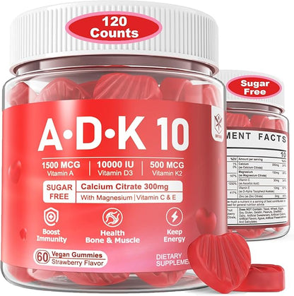 Vitamin A D3 K2 Gummies 5000IU / 10,000 IU D3 with Calcium Magnesium Zinc, ADK 10 Vitamin Supplement K2 MK-7 500mcg for Calcium Absorption, Increase Bone Density, Muscle, Teeth, Immune Health, 2Packs