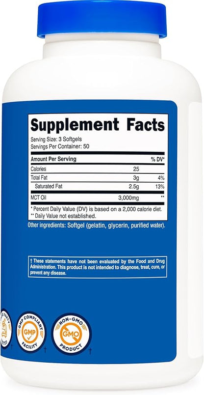 Nutricost MCT Oil Softgels 1000mg, 150 SFG (3,000mg Serv) - Great for Keto, Ketosis, and Ketogenic Diets