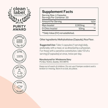 Wholesome Story Inositol Supplement | Myo Inositol & D-Chiro Inositol 2050mg | Hormonal Balance & Ovarian Support | 30 Day Supply