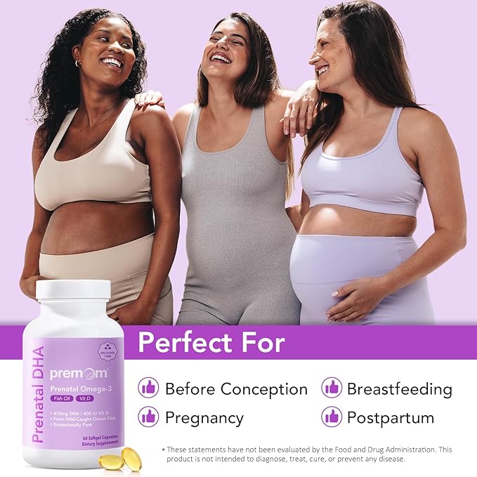 Premom Prenatal DHA Fish Oil: Triglyceride 3 with 470mg DHA, 200mg EPA 400 IU D3 Supplement