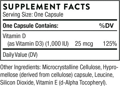 THORNE Vitamin D3 Supplement - Supports Healthy Bones, Teeth, Muscles, Cardiovascular & Immune Function* - Gluten, Dairy & Soy-Free - 1,000 IU - 90 Capsules