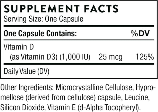 THORNE Vitamin D3 Supplement - Supports Healthy Bones, Teeth, Muscles, Cardiovascular & Immune Function* - Gluten, Dairy & Soy-Free - 1,000 IU - 90 Capsules