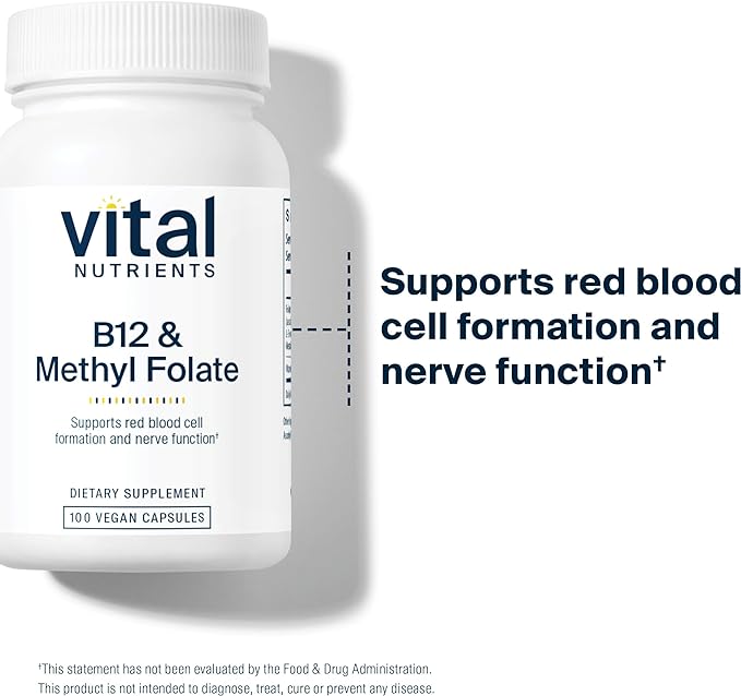 Vital Nutrients Vitamin B12 & Methyl Folate | Vegan Methylated Folate and B12 Supplement | Supports Nervous System & Metabolism* | High-Potency B12 Vitamins * | Gluten, Dairy, Soy Free | 100 Capsules