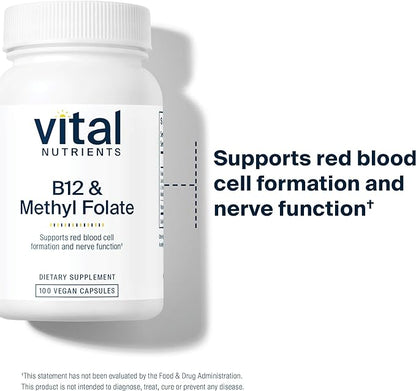 Vital Nutrients Vitamin B12 & Methyl Folate | Vegan Methylated Folate and B12 Supplement | Supports Nervous System & Metabolism* | High-Potency B12 Vitamins * | Gluten, Dairy, Soy Free | 100 Capsules