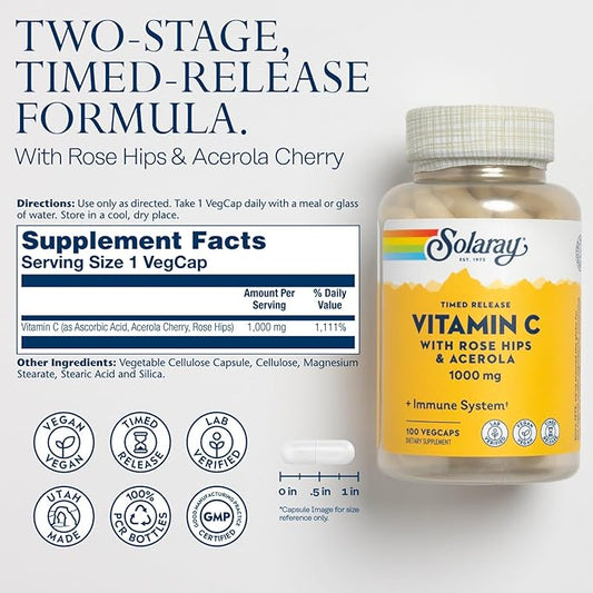 SOLARAY Vitamin C 1000mg 60 Day 100 Servings, 100 VegCaps