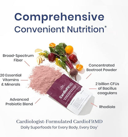 1MD Nutrition CardioFitMD - Vegan Beets Superfood Keto-Friendly Heart Health Powder - Nitric Oxide Supplement - Beet Root Powder for Healthy Blood Pressure & Circulation - High Fiber Drink - 30 Days