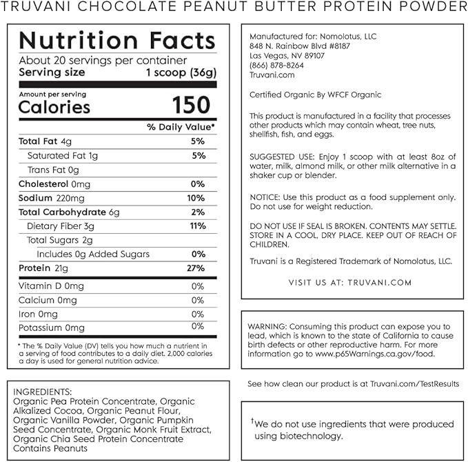Truvani Vegan Pea Protein Powder 20g Organic 20 Servings