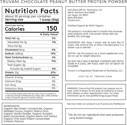 Truvani Vegan Pea Protein Powder 20g Organic 20 Servings