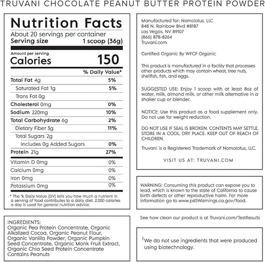 Truvani Vegan Pea Protein Powder 20g Organic 20 Servings