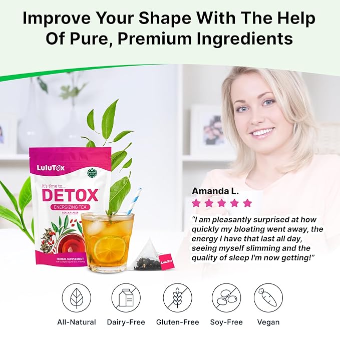 Detox Tea - Slimming Tea with Dandelion and Ginseng to Support Goals for Detox Cleanse, Flat Belly, Bloating, Healthy Weight and Digestive Health - Women & Men - Peach Flavor (28 Servings)
